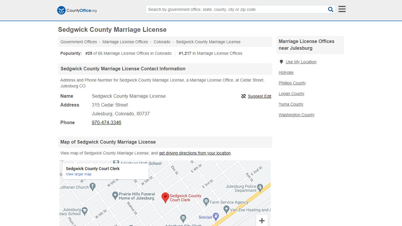 Sedgwick County Marriage License - Julesburg, CO (Address and Phone)